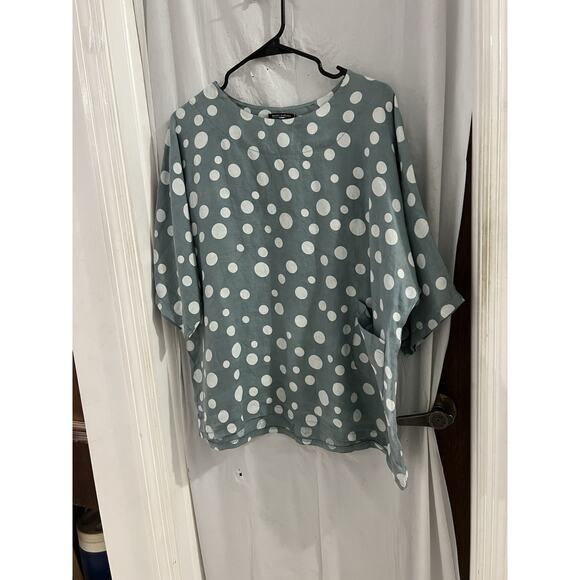 Made In Italy Linen Gray White Polka Dot Lisette Spot Top Sz Lg Boxy Oversized - Picture 2 of 5